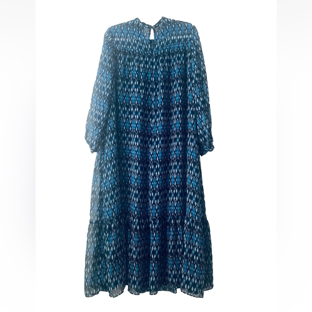 Whistles Ikat Print Maxi Dress Women Size 12 Navy Blue Black Boho Cottagecore